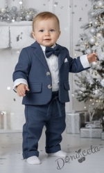 Бебешки плътен официален комплект от 4 части за момче-сако в синьо, боди-риза в бяло и панталон в синьо с папийонка