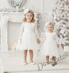 Официална детска рокля в  снежнобяло Крис с дълъг ръкав в  с тюл и дантела