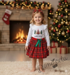 Коледен комплект за момиче от пола каре в червено и блузка в бяло с къдрички и елхички