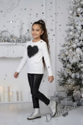 Комплект от детска блуза в екрю със сърце от бляскъв тюл и клин с кожа в черно с ръб