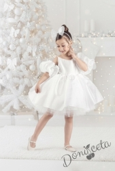 Официална детска рокля с тюл в бяло Даян и панделка за коса за шаферка или кръщене