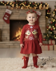Леко ватирна коледна детска рокля с дълъг ръкав със сърнички