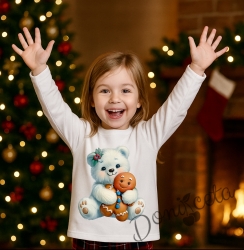 Коледна блуза в бяло с дълъг ръкав и картинка на мече