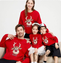 Детска, дамска или мъжка коледна тройно ватирана блуза Звън с еленче с шалче в червено 