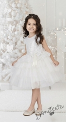 Детска официална рокля в бяло от пайети с тюл на пластове Валериа