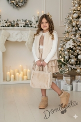 Комплект за момиче от 3 части от блуза за момиче с дълъг ръкав в екрю със сърце от тюл в бежово, пола от тюл в бежово с пайети  и пухкав елек