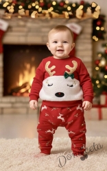 Коледен комплект от блузка с елен и панталони в червено с еленчета