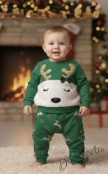 Коледен комплект от блуза с елен и панталони в зелено