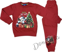 Коледен комплект в червено с картинка на Дядо Коледа с елха и надпис