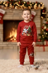 Ватиран коледен комплект в червено с картинка на Дядо Коледа с елха и надпис