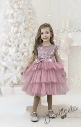 Празнична официална рокля момиче Хава в пепел от рози от пайети и тюл на 3 пласта и панделка