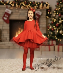 Детска празнична  рокля с дълъг ръкав Надежда в червено с тюл отпред