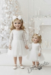 Официална детска рокля с дълъг ръкав в бяло с дантела и тюл  Анисия