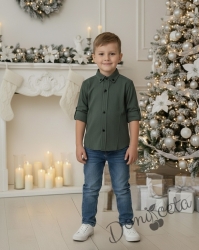 Детска риза за момче с дълъг ръкав в тъмнозелено с черни копчета