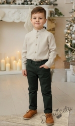 Коледен комплект за момче от 2 части-риза в бежово без яка и панталон в зелено