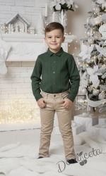 Коледен комплект за момче от 2 части-риза в зелено с яка и панталон в бежжово
