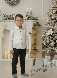 Детски комплект от риза с дълъг ръкав в екрю и дълъг панталон в зелено