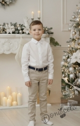 Детски комплект от риза с дълъг ръкав в бяло и дълъг панталон в бежово