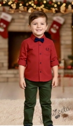 Комплект от риза в червено с папийонка и панталон в зелено