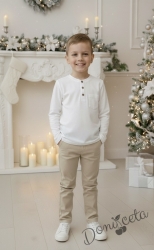  Комплект за момче от 2 части-блуза в бяло с копчета и панталон в бежово