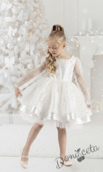 Официална детска рокля в бяло с  пайети с дълъг ръкав Естел