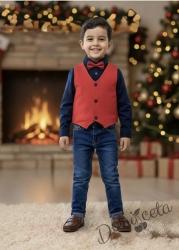  Комплект за момче от 4 части детска  риза с дълъг ръкав  в тъмносиньо,  елек в червено с папийонка и дънки