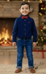 Комплект от риза в тъмносиньо с папийонка и дънки