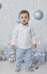 Детски комплект за момче от 2 части-риза в бяло с яка и панталон в светлосиньо
