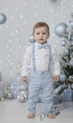 Детски комплект за момче от 4 части-риза в бяло с яка, панталон в светлосиньо, тиранти и папийонка