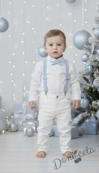 Детски комплект за момче от 4 части-риза в бяло с яка, панталон в бяло, тиранти и папийонка в светлосиньо