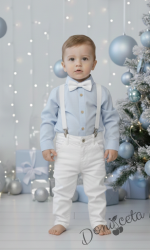 Детски комплект за момче от 2 части-риза в светлосиньо с яка, панталон в бяло и тиранти с папийонка