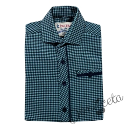 Официална детска риза с дълъг ръкав в зелено и тъмносиньо