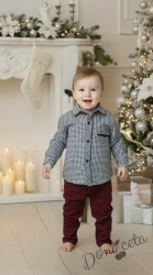 Детски комплект за момче от 2 части-риза в тъмносиньо на квадратчета и панталон в бордо