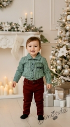 Детски комплект за момче от 2 части-риза в зелено на квадратчета и панталон в бордо