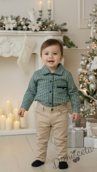 Детски комплект за момче от 2 части-риза в зелено на квадратчета и панталон в бежово