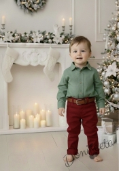 Официален комплект за момче от 2 части-риза в зелено с яка и копчета в бежово и панталон в бордо