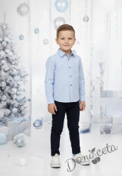 Детски комплект за момче от 2 части-риза в светлосиньо с яка и  копчета в бежово и панталон в тъмносиньо