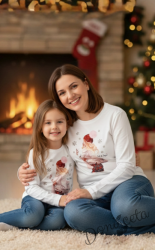 Детска или дамска блуза с дълъг ръкав в бяло за момиче с коледна картинка на момиче