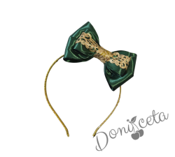 Коледна диадема в зелено с панделка и орнаменти в златисто
