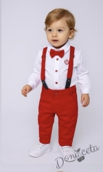 Бебешки официален  комплект от панталон в червено, боди-ризка в бяло, тиранти и папийонка от колекция Червеника