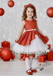 Официална детска рокля Надежда в червено на бели точки с тюл в бяло