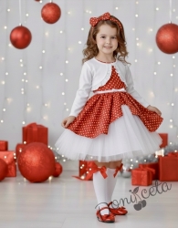 Детска коледна рокля в червено на бели точки с тюл и болеро в бяло