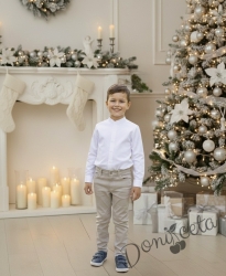 Детски комплект за момче от 2 части-риза в бяло без яка и панталон в бежово