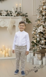 Детски комплект за момче от 2 части-риза в бяло без яка и панталон в бежово