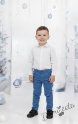 Детски комплект за момче от 2 части-риза в бяло с яка и панталон в синьо