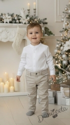 Детски комплект за момче от 2 части-риза в бяло БЕЗ  яка и панталон в бежово