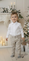 Детски комплект за момче от 2 части-риза в бяло с яка и панталон в бежово