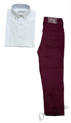 Официален комплект за момче от 2 части-риза в бяло с яка и копчета в бежово и панталон в бордо