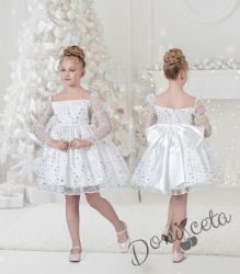 Официална детска рокля в бяло с  блясък с дълъг ръкав Естелка