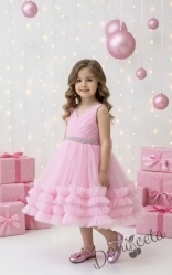 Официална детска/бебешка рокля в розово с тюл и панделка Тиана